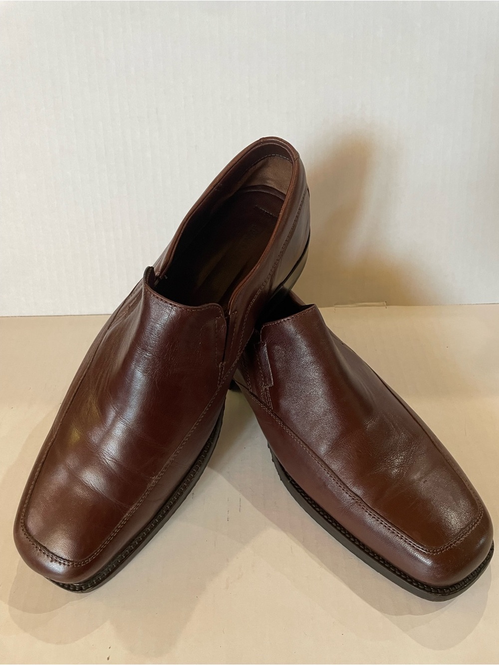 Men’s Brown Sheepskin Soft Leather Slip-On Loafer Dress Shoes Square Toe 10.5